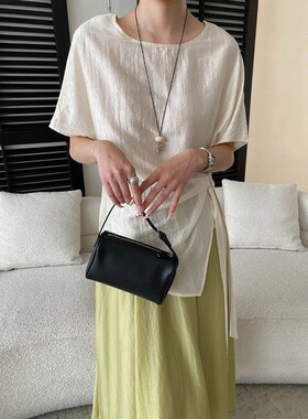 送挂件 不规则绑带收腰设计感圆领醋酸混纺短袖衬衫 SN8846