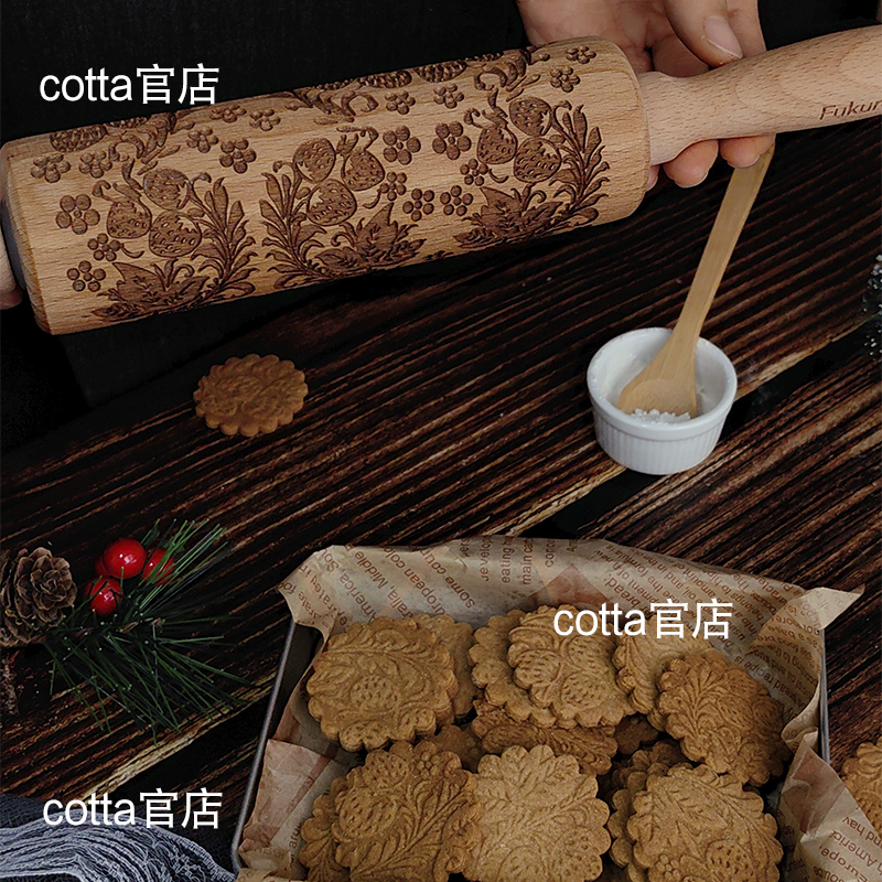 FL日本Fukuraku实木滚轴卡通草莓立体花纹擀面杖印花饼干厨房烘焙
