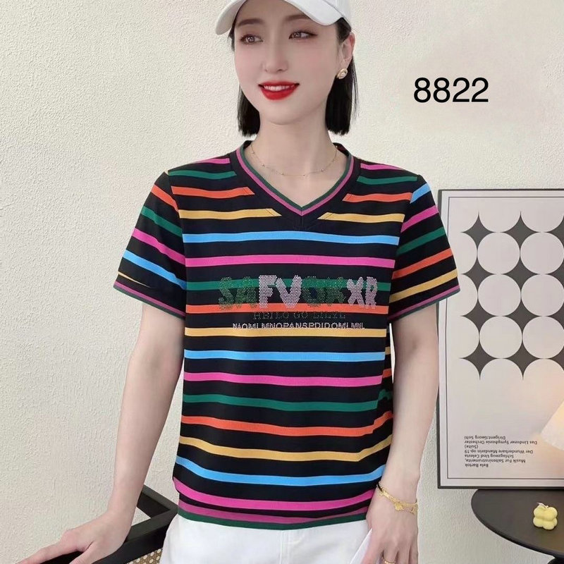 夏季薄款条纹短袖T恤女新款宽松上衣显瘦V领小衫中年大码妈妈夏装
