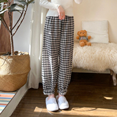 春秋季 女 甜美小个子宽松可外穿家居裤 薄款 纯棉格子九分花苞睡裤