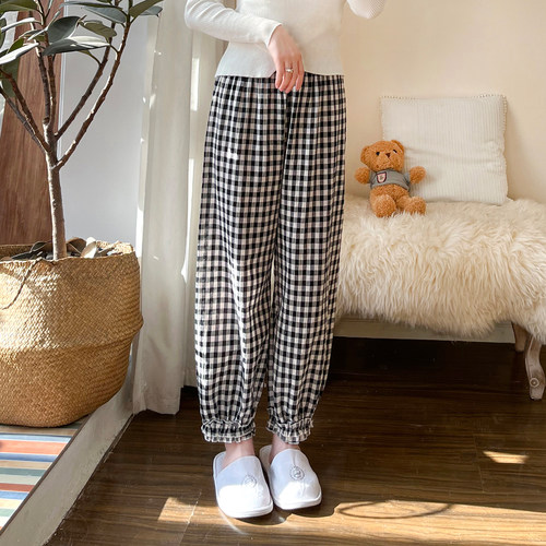 宅丫丫9分纯棉女格子花苞裤睡裤