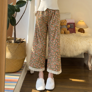 春秋薄款纯棉睡裤女宽松复古碎花裤可外穿有口袋家居九分花边睡裤