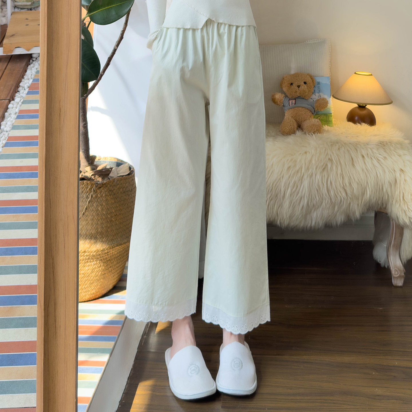 春秋薄款纯棉睡裤女薄荷绿空调裤