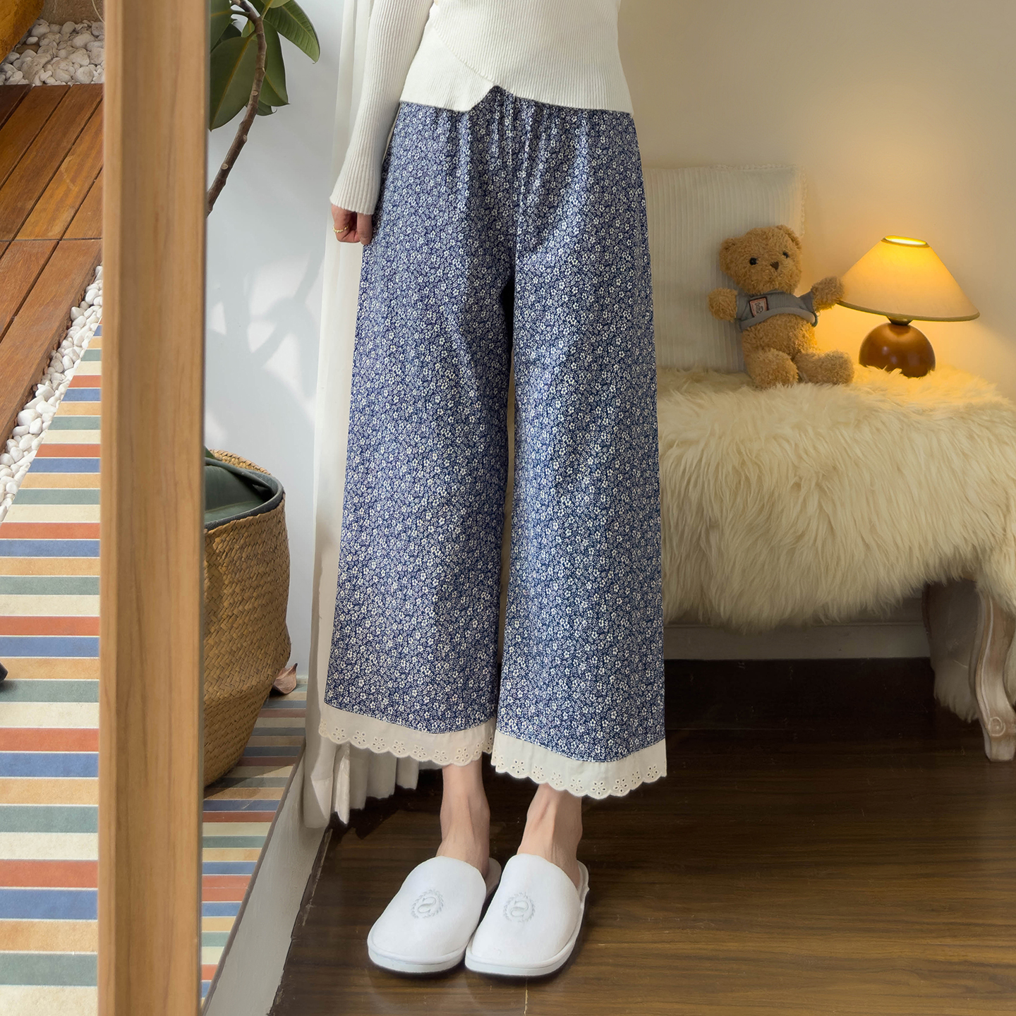九分阔腿碎花裤小个子纯棉睡裤