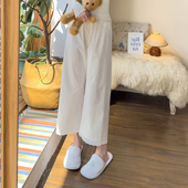 懒人棉布家居空调长裤 女纯白花边阔腿裤 女夏 纯棉九分睡裤 春秋薄款