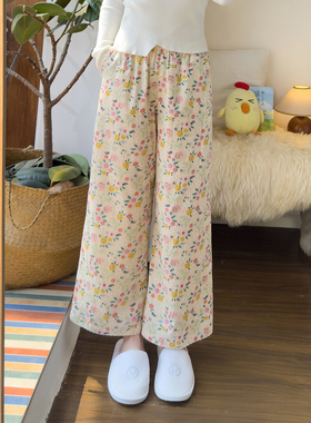 清新田园风碎花居家裤女宽松舒适纯棉花边裤懒人遛弯长裤春夏睡裤