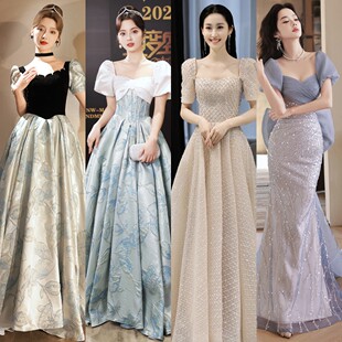 出租鱼尾晚礼服主持女宴会年会小众高端一字肩演出服