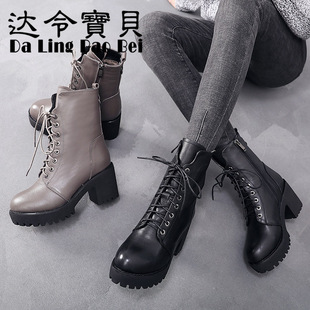 2025秋冬新款真皮高跟英伦风马丁靴牛皮粗跟短靴高跟棉鞋中筒靴子