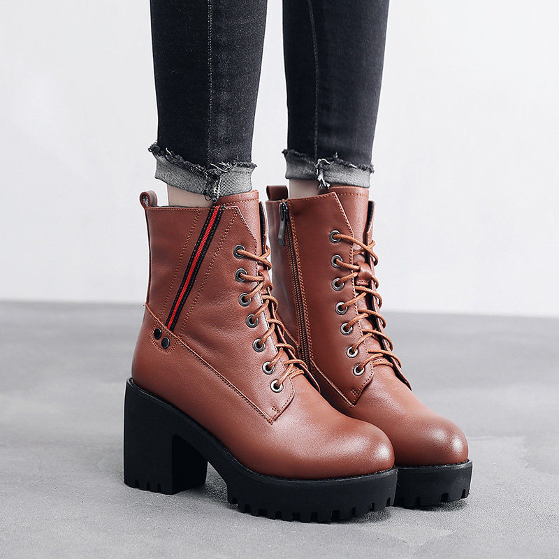 真皮高跟加绒女靴2025冬款马丁靴女英伦风粗跟短靴机车秋冬加棉鞋