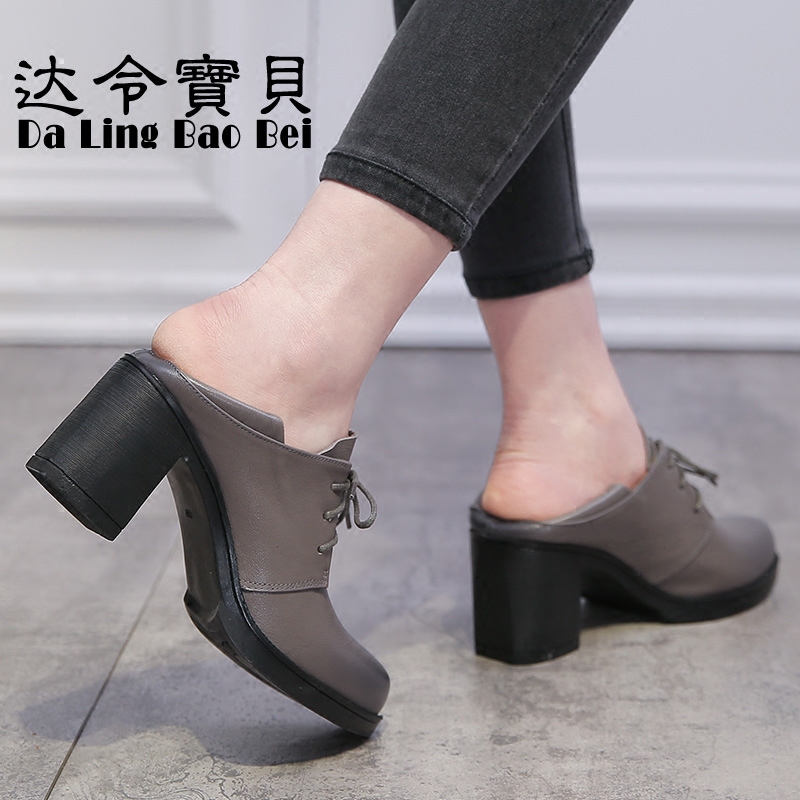 2025春季新款女真皮粗跟深口单鞋