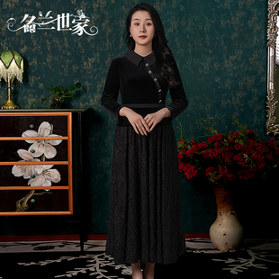 名兰世家丝绒蕾丝拼接连衣裙长袖 圆领宴会高端礼服优雅日常可穿