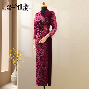 名兰世家喜婆婆婚礼服平时可穿轻奢修身 显瘦喜妈妈旗袍丝绒连衣裙