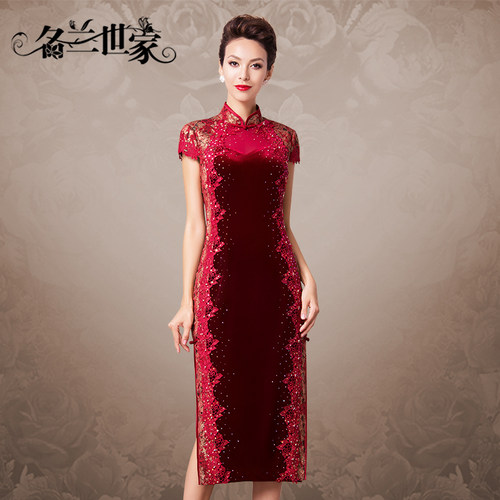 名兰世家婚礼妈妈旗袍礼服高贵丝绒蕾丝改良连衣裙长款原创设计