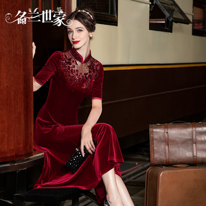名兰世家原创手工刺绣小个子妈妈婚宴装礼服喜婆婆红色丝绒连衣裙