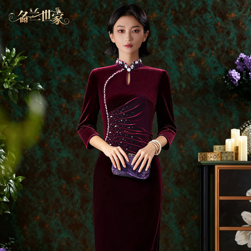 名兰世家高端奢华喜妈妈婚宴礼服喜婆婆礼服丝绒改良旗袍连衣裙秋