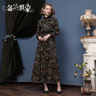 名兰世家妈妈碎花连衣裙高级感长袖 收腰显瘦a字长裙高贵优雅气质