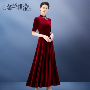 名兰世家原创手工盘扣秋冬妈妈金丝绒礼服婚宴婚礼高端宴会连衣裙