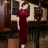 名兰世家喜婆婆婚宴旗袍礼服敬酒服红色高贵丝绒喜妈妈秋冬连衣裙