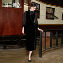 连衣裙丝绒小黑裙 妈妈宴会礼服高贵旗袍领新中式 名兰世家 疏影