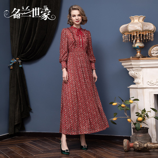 名兰世家原创设计手工高档蕾丝连衣裙印花秋新款 中年妈妈减龄礼服