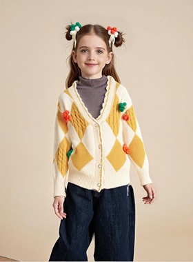 新款洋气女童秋冬甜美撞色蓝白菱格V领毛绒球针织毛衣开衫潮外套
