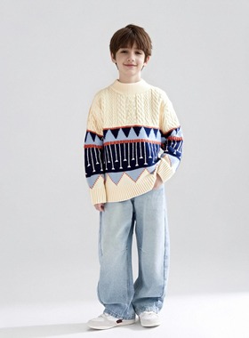 男童毛衣加厚套头秋冬菱形提花新款洋气儿童针织男孩毛衣中大童