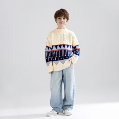 男童毛衣加厚套头秋冬菱形提花新款洋气儿童针织男孩毛衣中大童