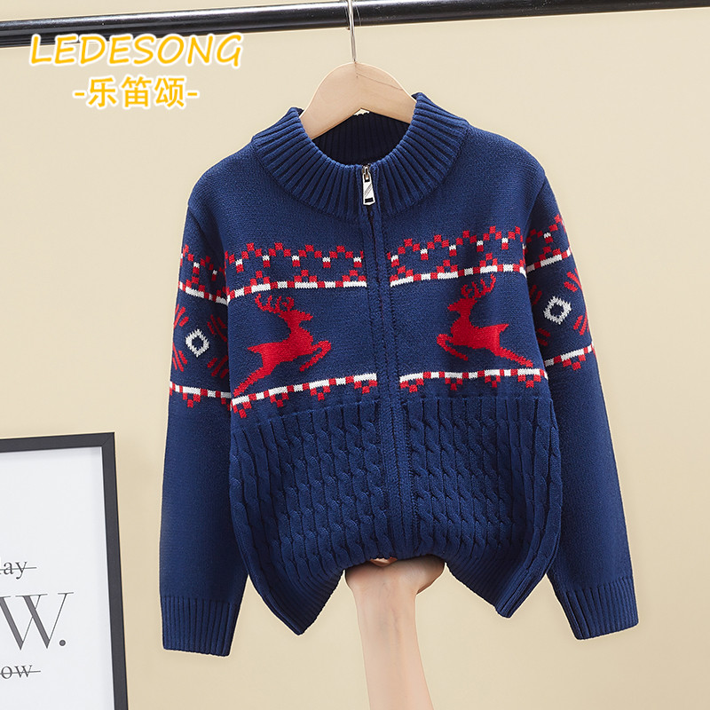 男童立领拉链开衫毛衣 圣诞麋鹿提花绞花针织秋冬保暖节日针织