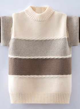 儿童毛衣秋冬新款中大童撞色条纹撞色提花加绒加厚休闲男童毛衣