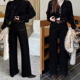 韩尚裤业2025冬季新款黑色垂感宽松加绒加厚阔腿牛仔裤女直筒长裤