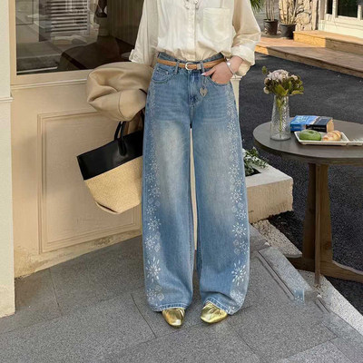 爆犀牛~欧货烫钻阔腿牛仔裤高腰
