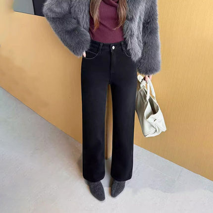 韩尚裤业2025冬季新款加绒加厚垂感宽松阔腿牛仔裤女窄版直筒长裤