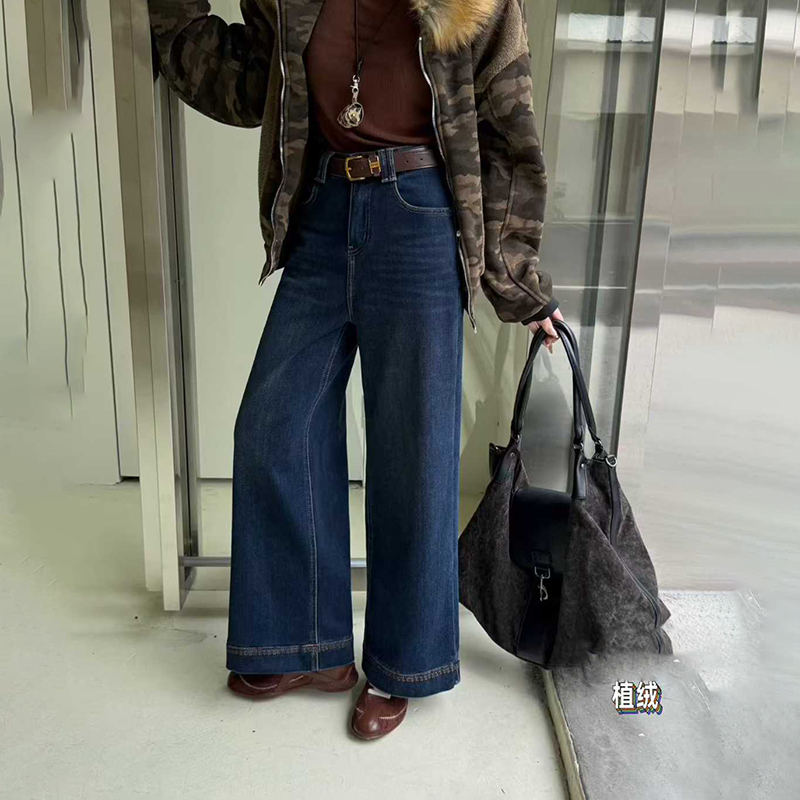 爆犀牛~加绒阔腿牛仔裤垂感长裤