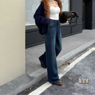 爆犀牛2025冬季新款加绒加厚宽松刺绣牛仔阔腿裤裤女高腰直筒长裤