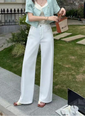 韩尚裤业2026夏季新款高腰四面弹白色阔腿牛仔裤女宽松直筒裤长裤