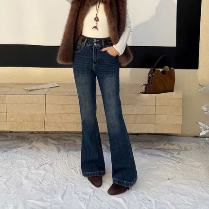 韩尚裤业2025冬季新款弹力修身加绒微喇牛仔裤女高腰喇叭裤马蹄裤