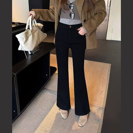 韩尚裤业2025冬季新款高腰四面弹修身加绒黑色微喇牛仔裤女喇叭裤