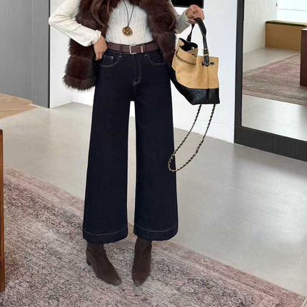 爆犀牛2025冬季新款防褪色加绒加厚直筒牛仔裤女小个子九分奶奶裤