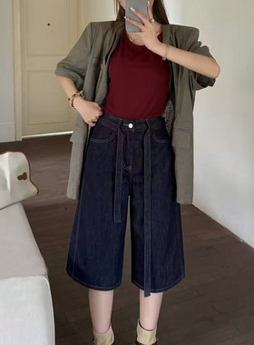 韩尚裤业2026夏新款高腰宽松防褪色阔腿牛仔六分裤女显瘦直筒中裤