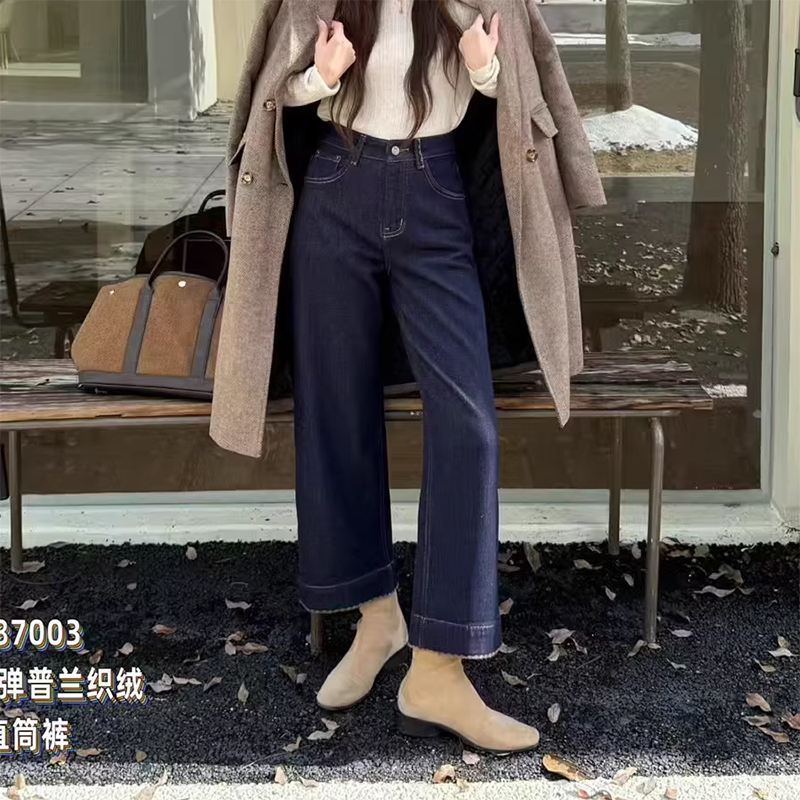 小个子福音闭眼入！秋冬加绒植绒牛仔裤女高腰九分直筒显瘦四面弹