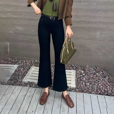 |韩尚\2025秋季新款四面弹黑色修身微喇牛仔裤女小个子九分喇叭裤