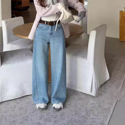 冬季浅色加绒弯刀牛仔裤垂感长裤