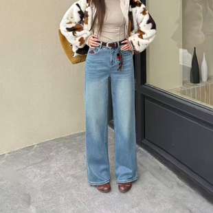 女垂感直筒裤 韩尚裤 牛仔裤 浅色刺绣加绒加厚阔腿窄版 业2025冬新款