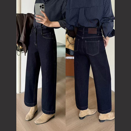 韩尚裤业2025秋冬新款抓毛薄绒显瘦直筒牛仔裤女九分小个子奶奶裤