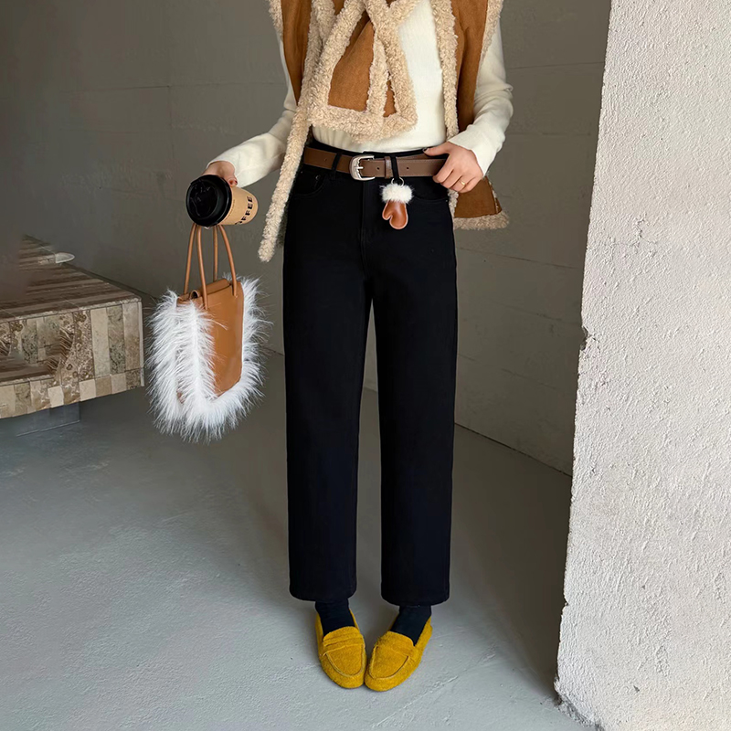 加绒加厚黑色小个子烟管牛仔裤