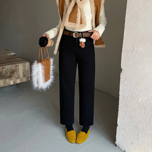女九分烟管裤 韩尚裤 高腰四面弹加绒黑色直筒牛仔裤 新款 业2025冬季