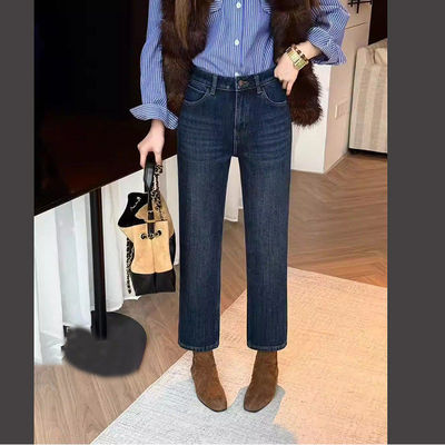 直筒烟管牛仔裤女加绒法棍裤九分