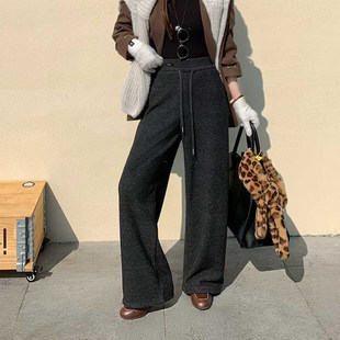 韩尚裤业2025冬新款高腰宽松云朵羊绒加绒垂感阔腿休闲裤女直筒裤