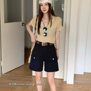 工装口袋四分裤~2026夏季新款高腰宽松直筒短裤女休闲牛仔中裤