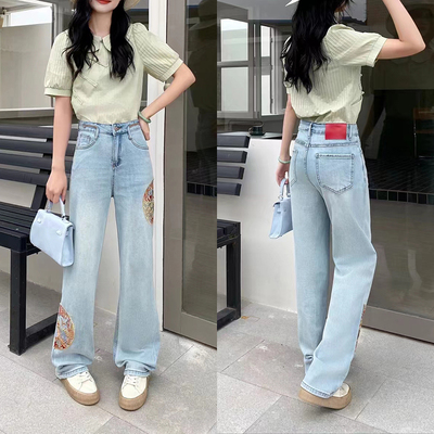 爆犀牛~国风刺绣牛仔裤拖地裤